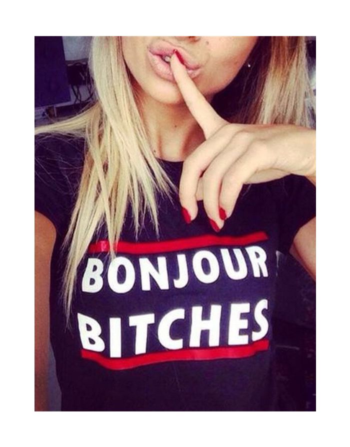 Women Double Red Lines Letters Printed Casual Cotton Short Sleeve T-shirt