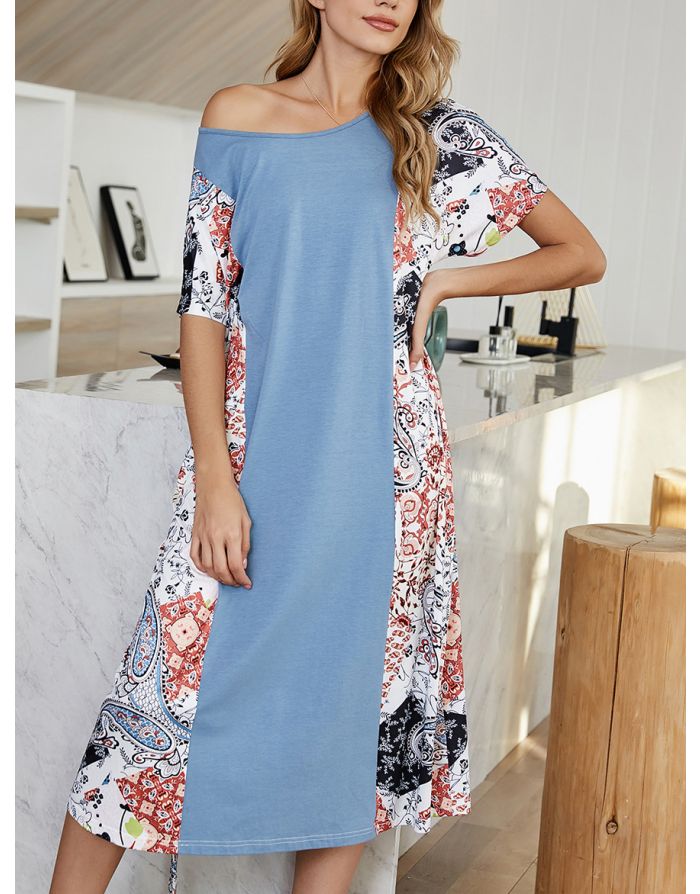 Spring Summer Women Stitching Color Printed Short Sleeve Round Neck Loose Casual Long Dresses